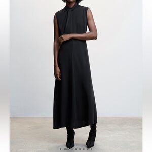 Mango MNG Bow Dress Gown Black Maxi Tea Length size M Sleeveless